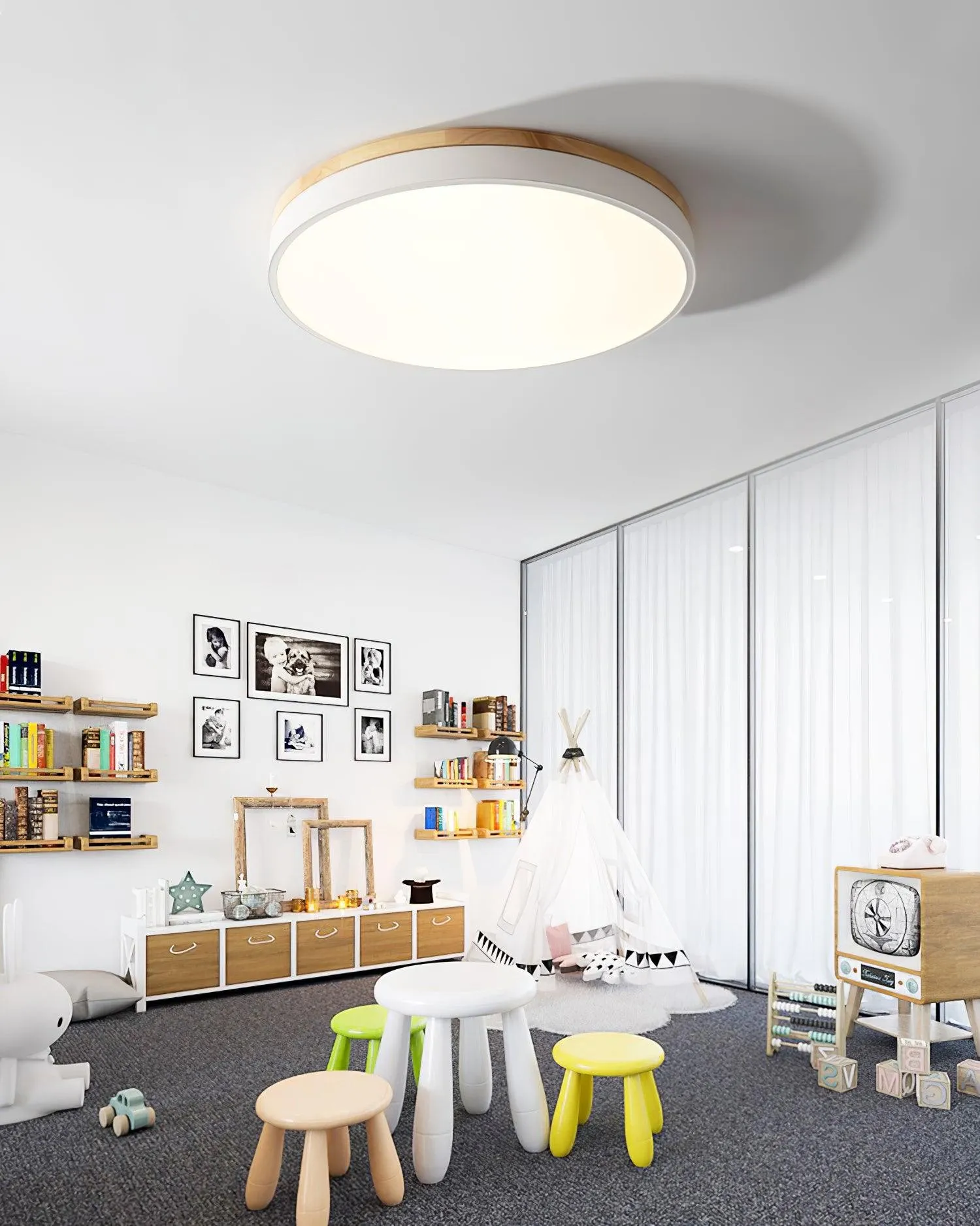 White Round Wooden Ceiling Lamp M197