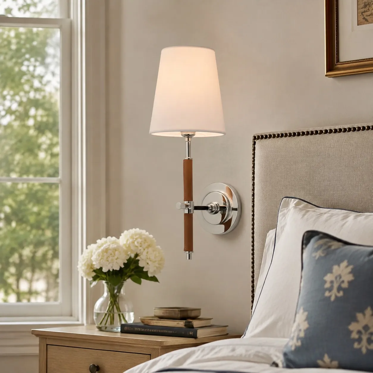 polished silver leather wall sconce beside a bed