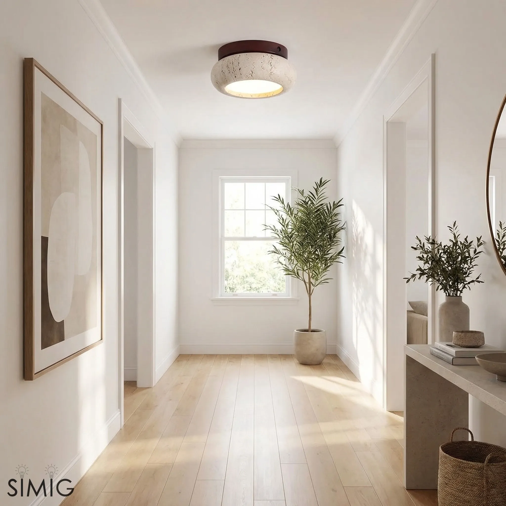 Minimal Bowl Ceiling Fixture in Stone Look - Wood Tone Base Light S299