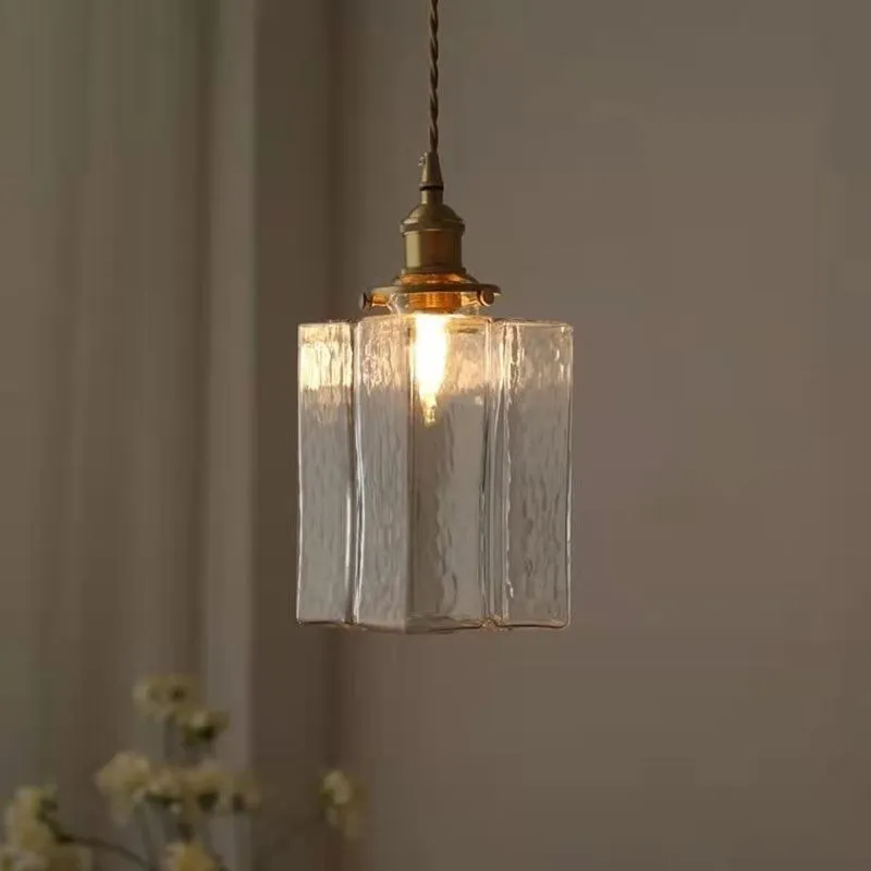 Traditional Vintage Square Rectangle Ripple Glass Iron 1-Light Pendant Light For Living Room T262