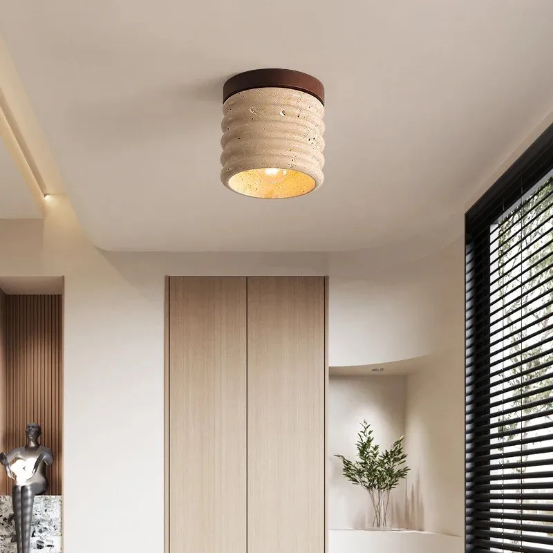 Medieval Wabi-Sabi Travertine Light – Cylinder Ceiling Lamp S293