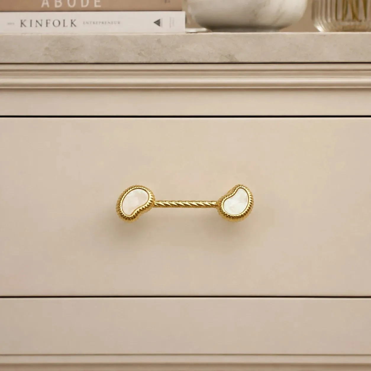 French Vintage Cashew Shell Brass Cabinet Knobs and Pulls - image 15