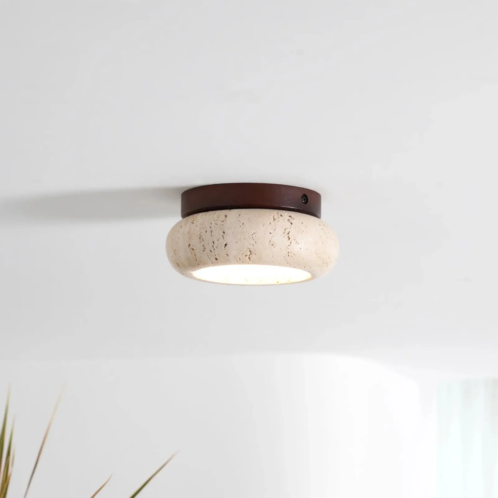 Minimal Bowl Ceiling Fixture in Stone Look - Wood Tone Base Light S299