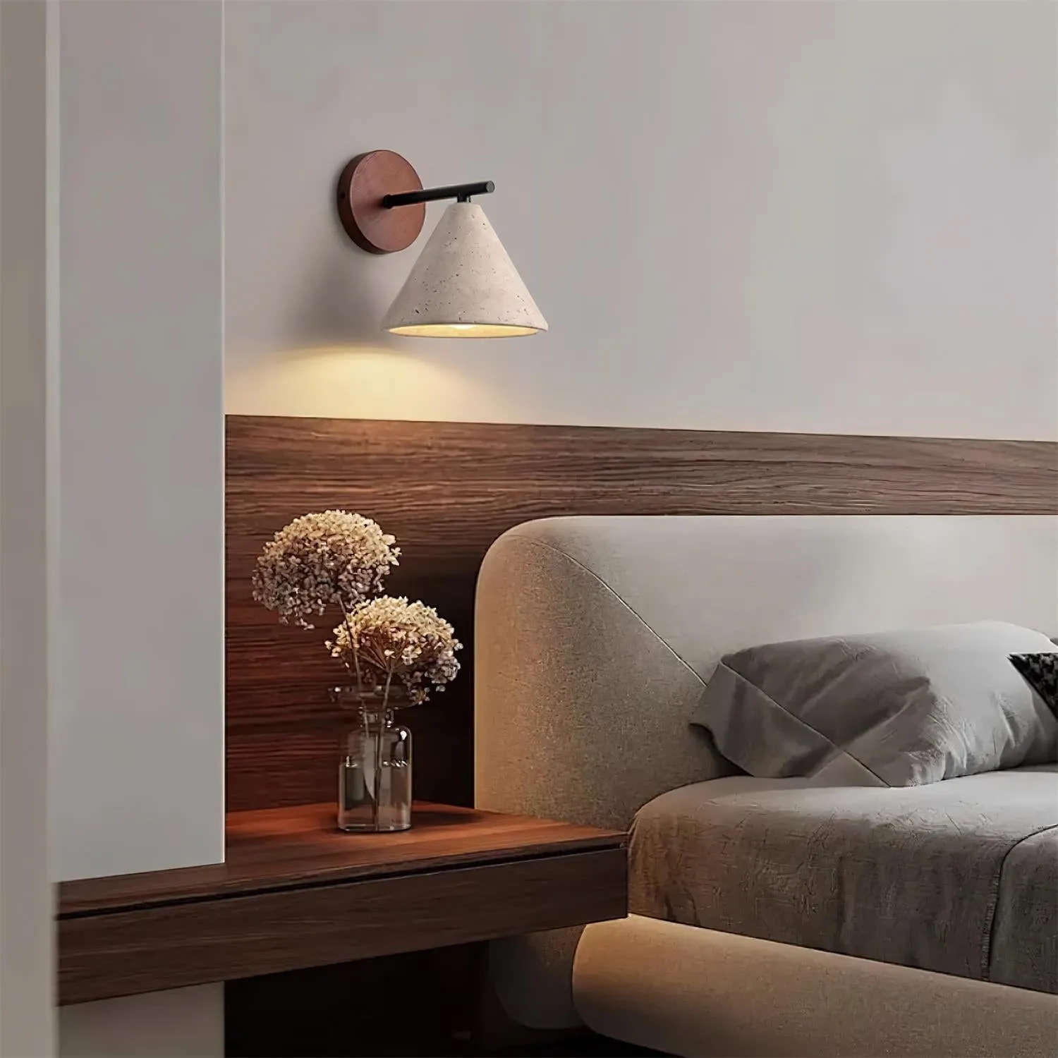 Textured Travertine Cone Wall Light - Minimalist Bedroom Sconce M56