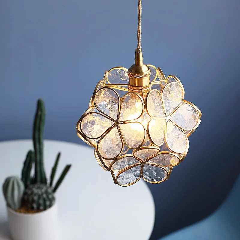 Nordic Brass Flower Petal Glass Pendant Light S10