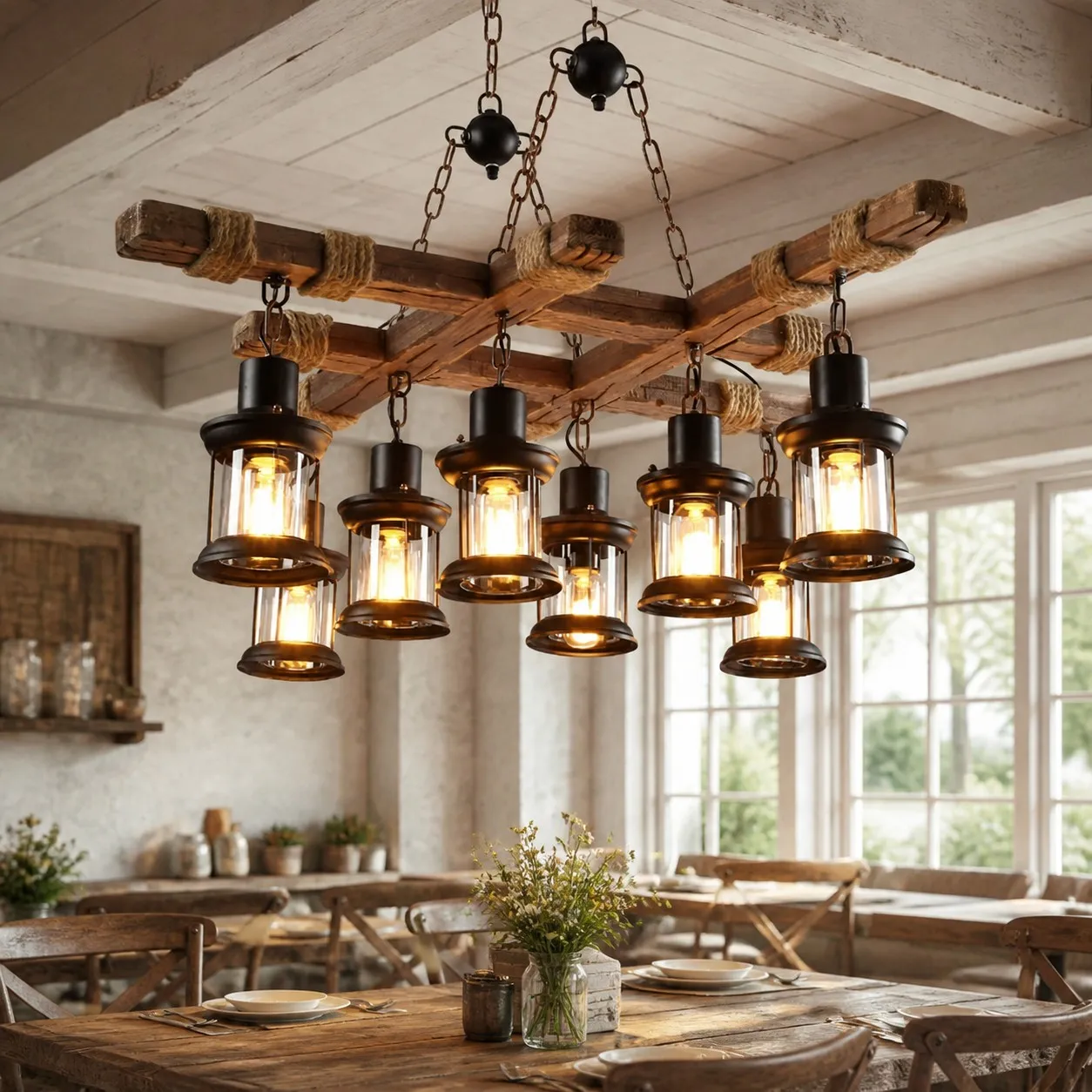 Rustic Wood Beam and Rope 8-Light Chandelier detail image 2