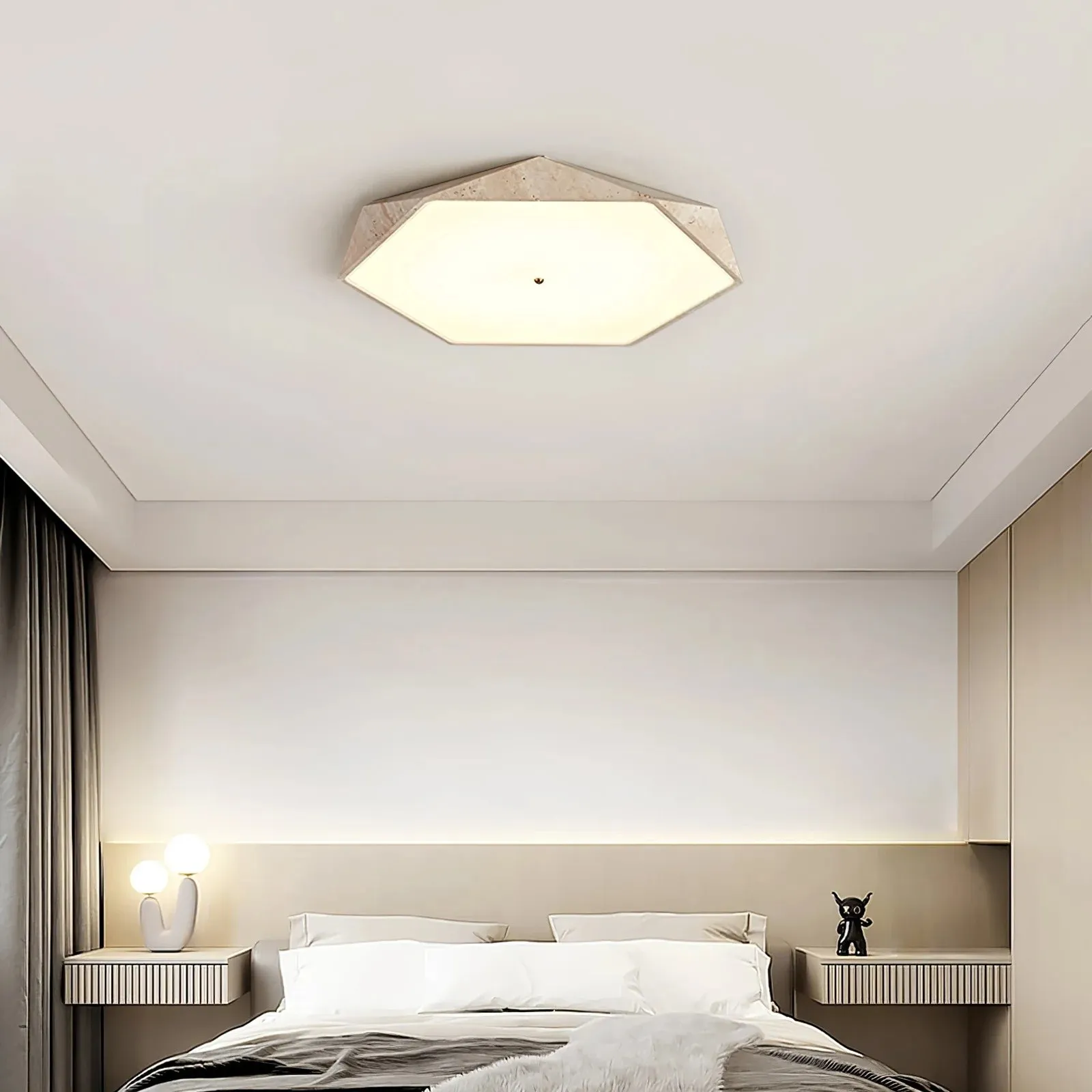 Contemporary Hexagon Ceiling Light In Travertine And Glass S295