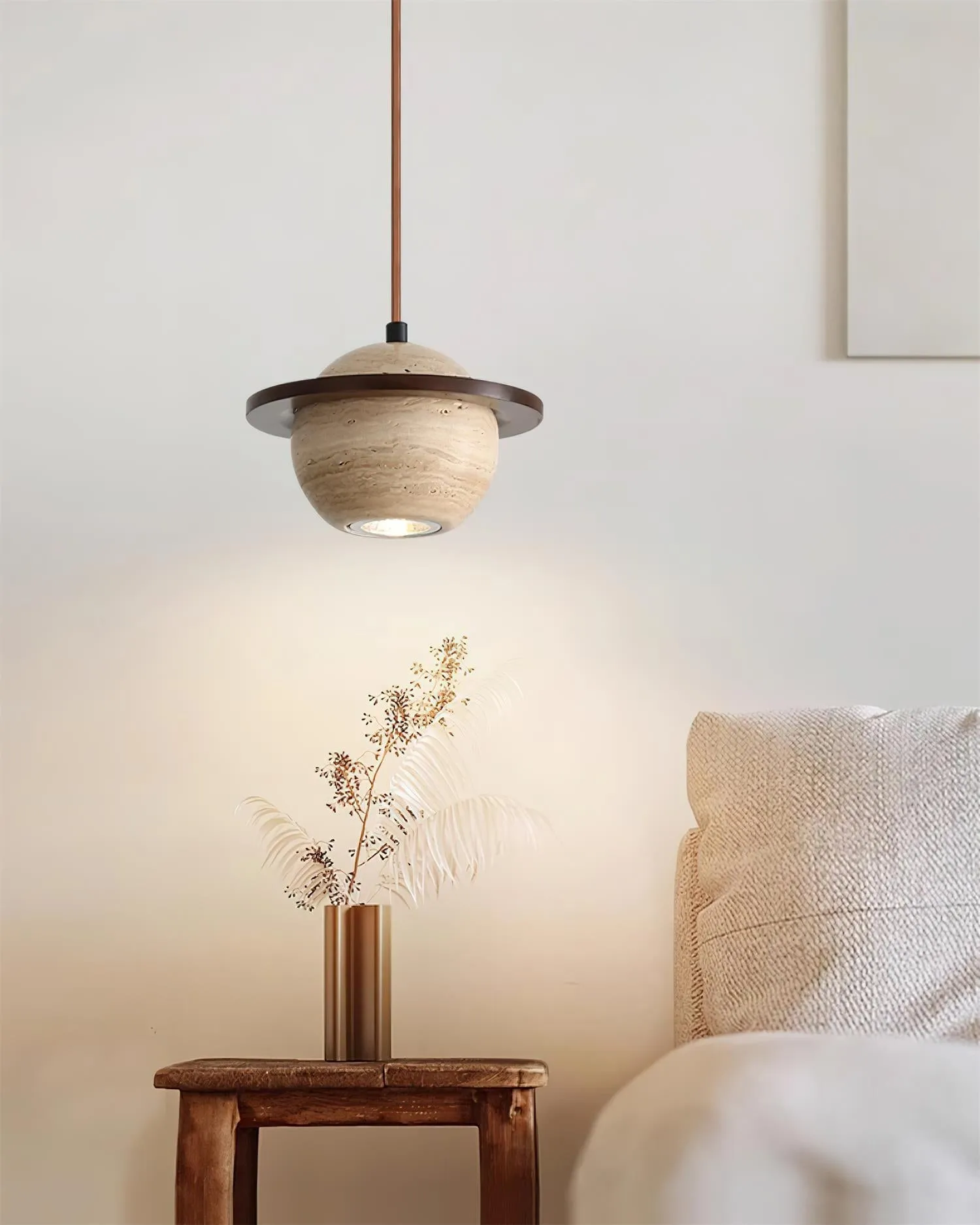 Travertine Sphere Pendant Light with Ring Detail - Kitchen Island Lighting M115
