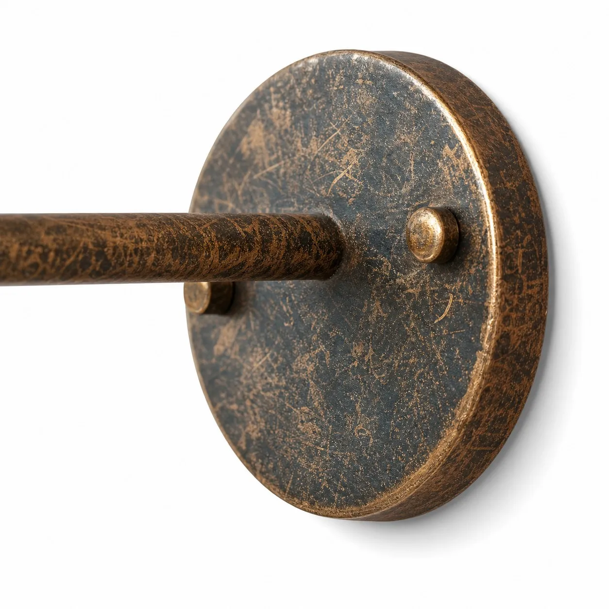 Close view of antique brass wall plate and arm connection