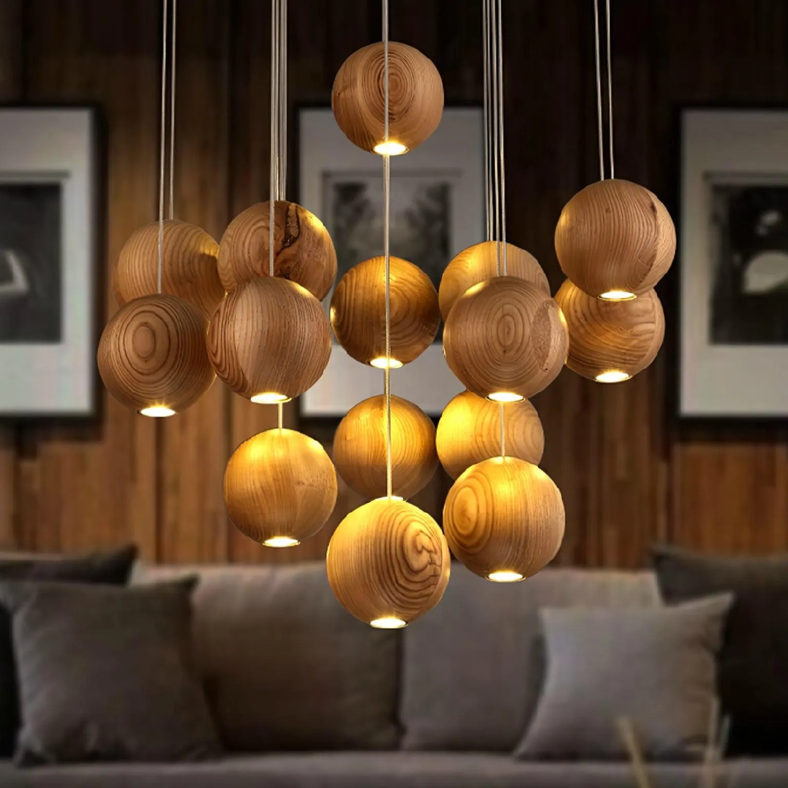Wooden Orb Sphere Cluster Pendant Light G72