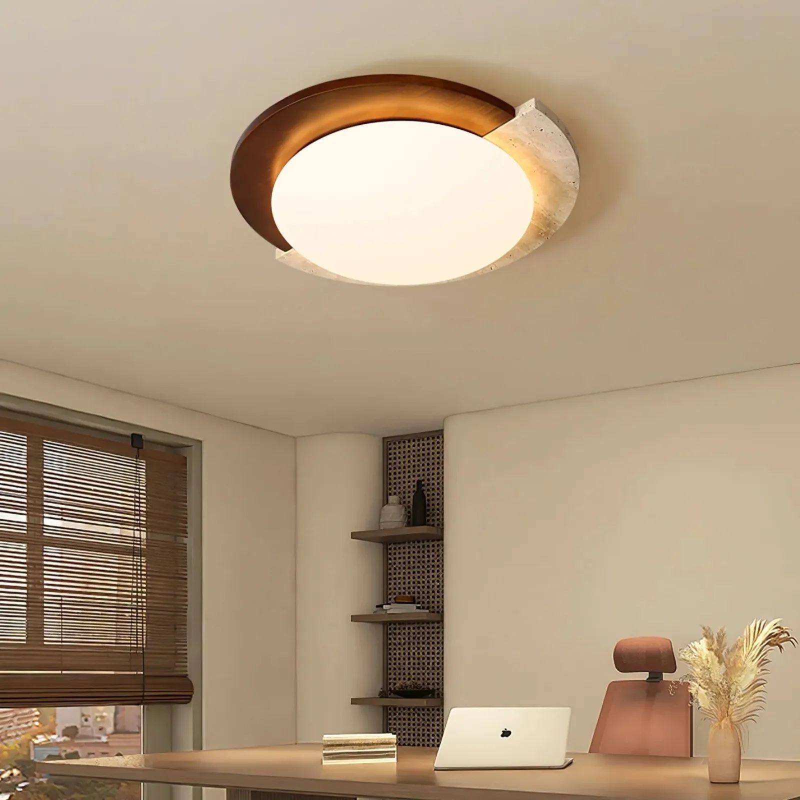 Half Moon Splicing Design Travertine & Wood Ceiling Lamp S292