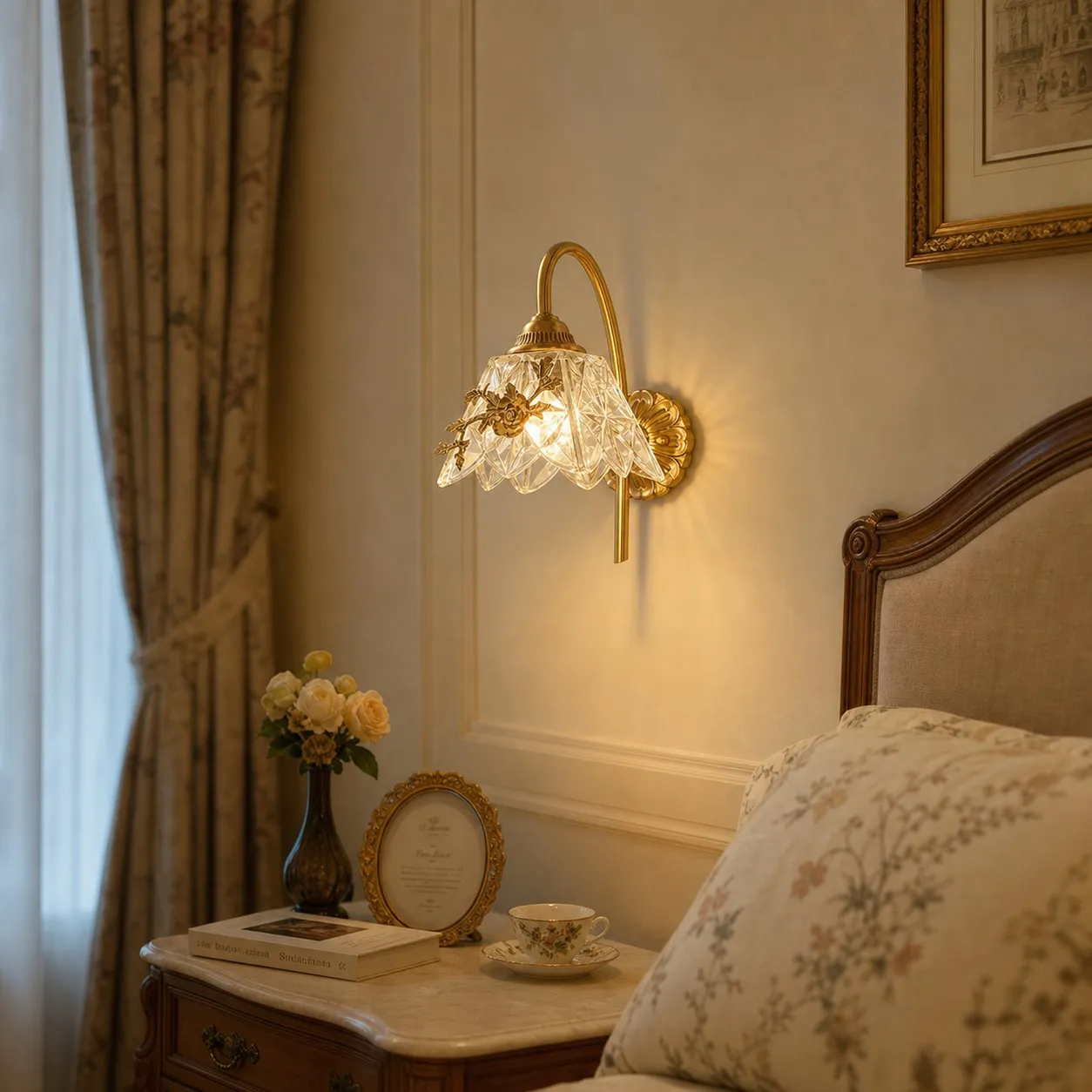 French floral wall sconce in a classic bedroom