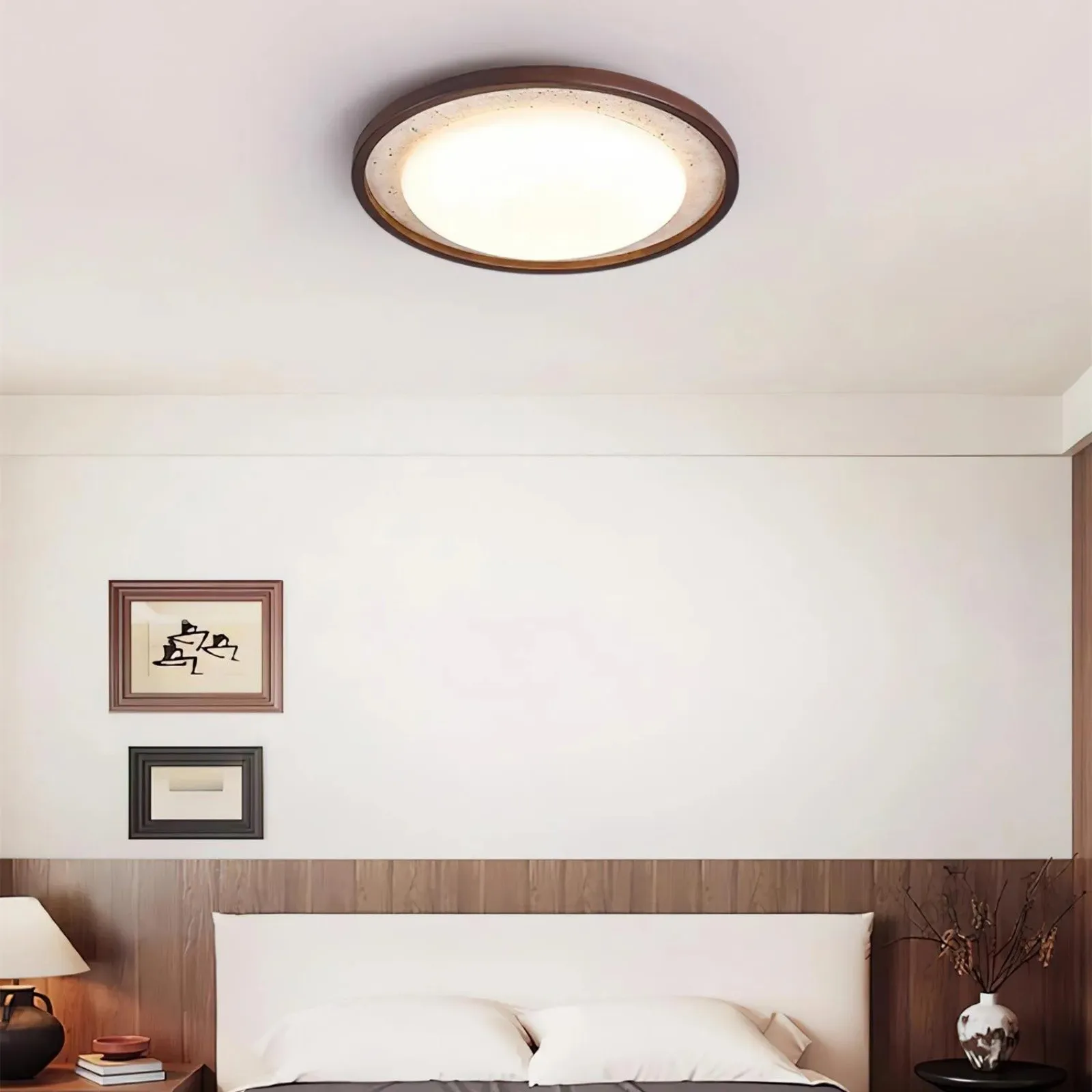 Modern Travertine Disk Flush Ceiling Light With Wood Trim S303