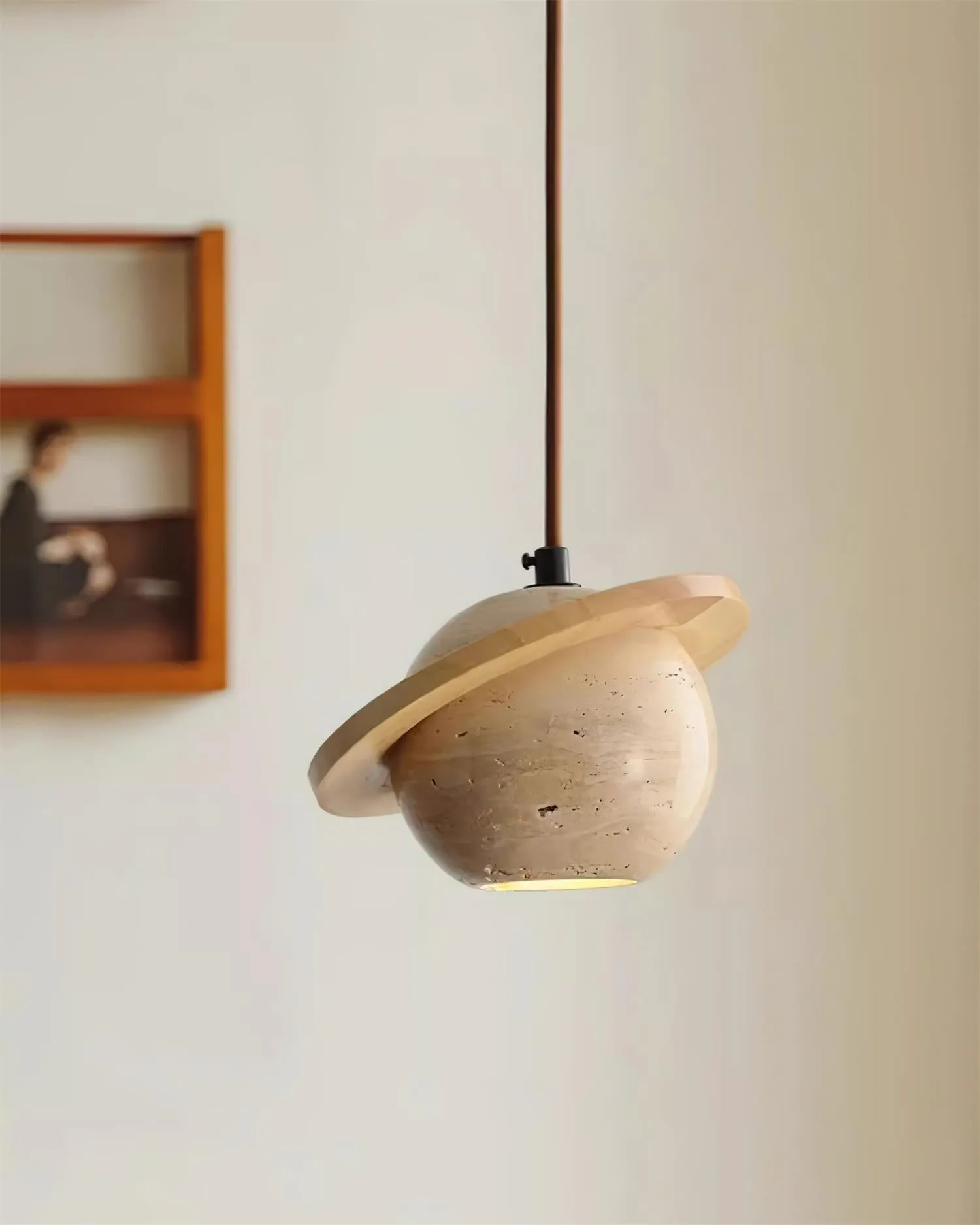 Travertine Sphere Pendant Light with Ring Detail - Kitchen Island Lighting M115