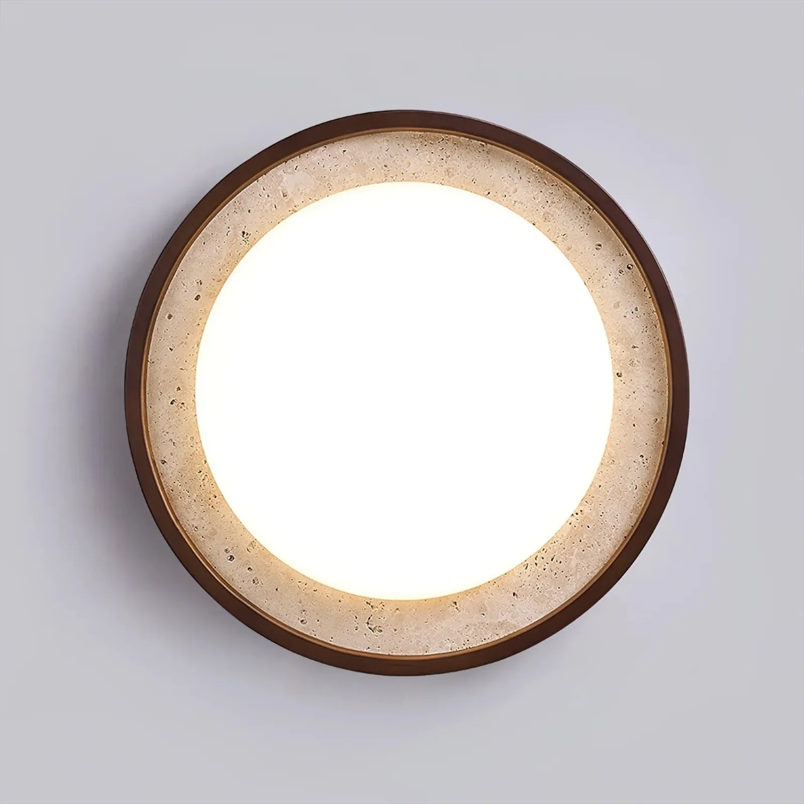 Modern Travertine Disk Flush Ceiling Light With Wood Trim S303