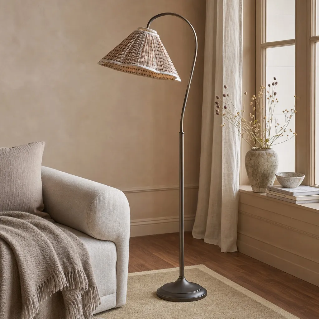 Veslin Elegant Floral Gooseneck Floor Lamp - Floral Linen Shade Lamp for Living Room T2206