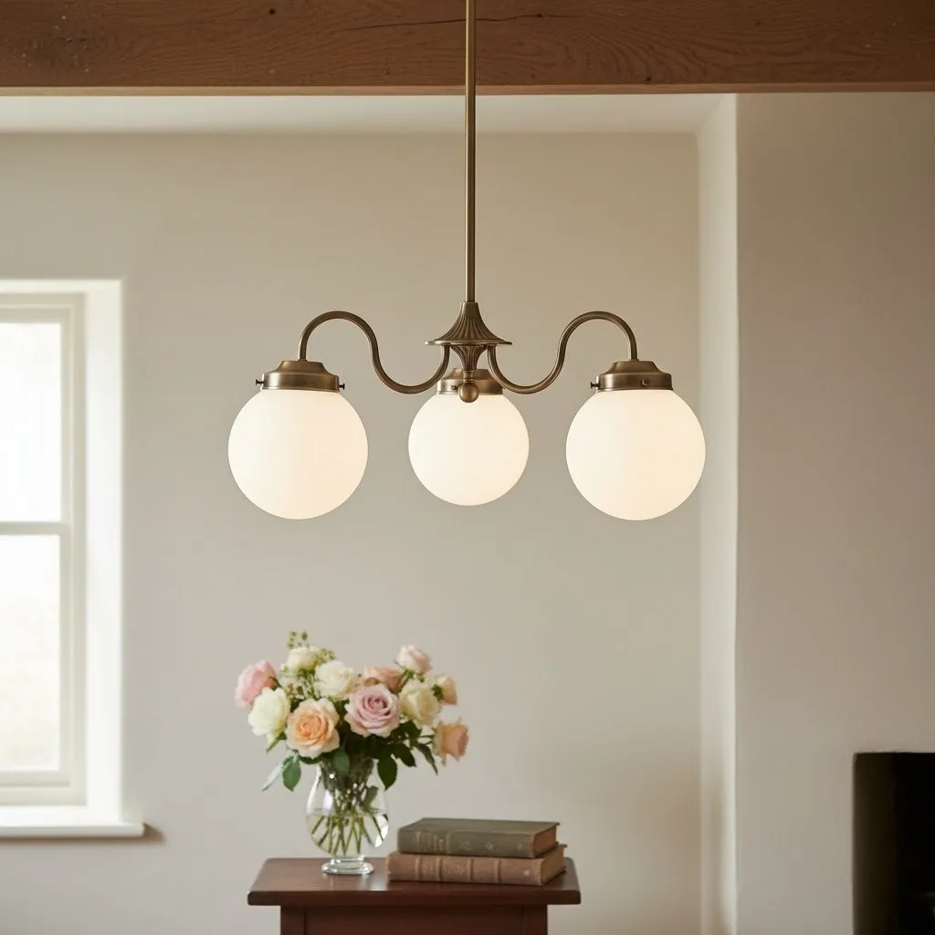 Glorica Glass Vintage Globe Chandelier - Brass 3-Light Frosted Glass Hanging Fixture T388