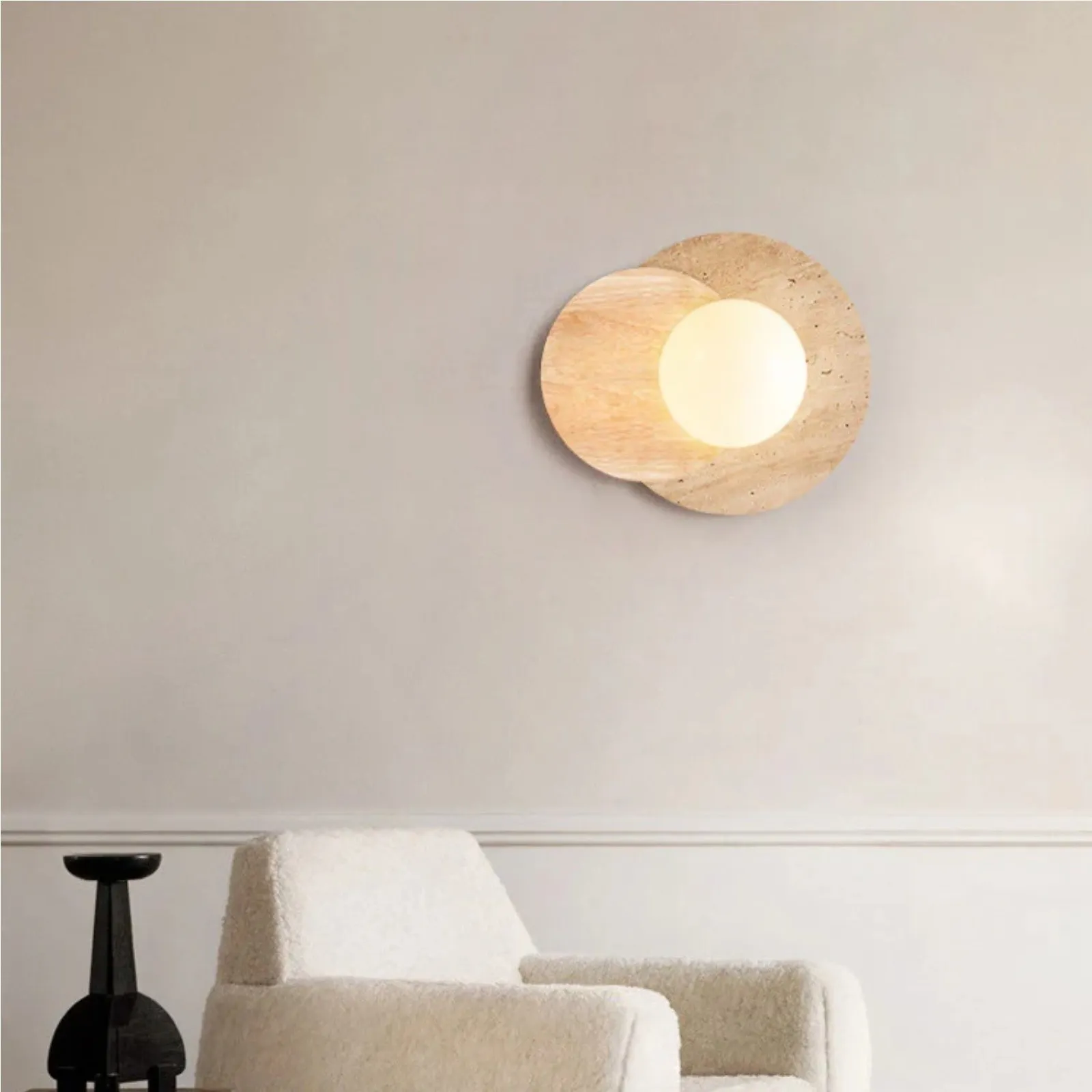 Contemporary Disc Travertine And Wood Dual Tone Wall Sconce S322