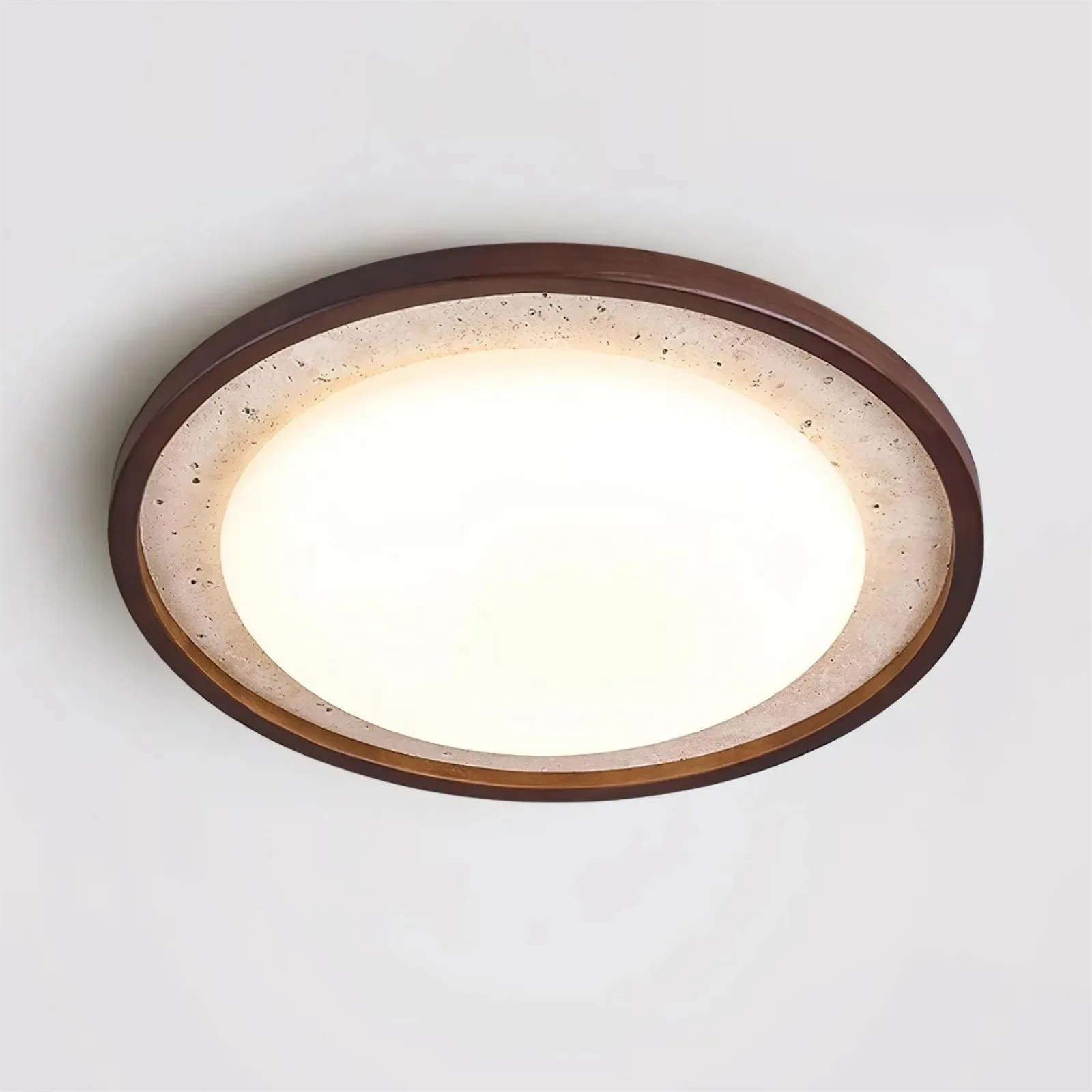 Modern Travertine Disk Flush Ceiling Light With Wood Trim S303