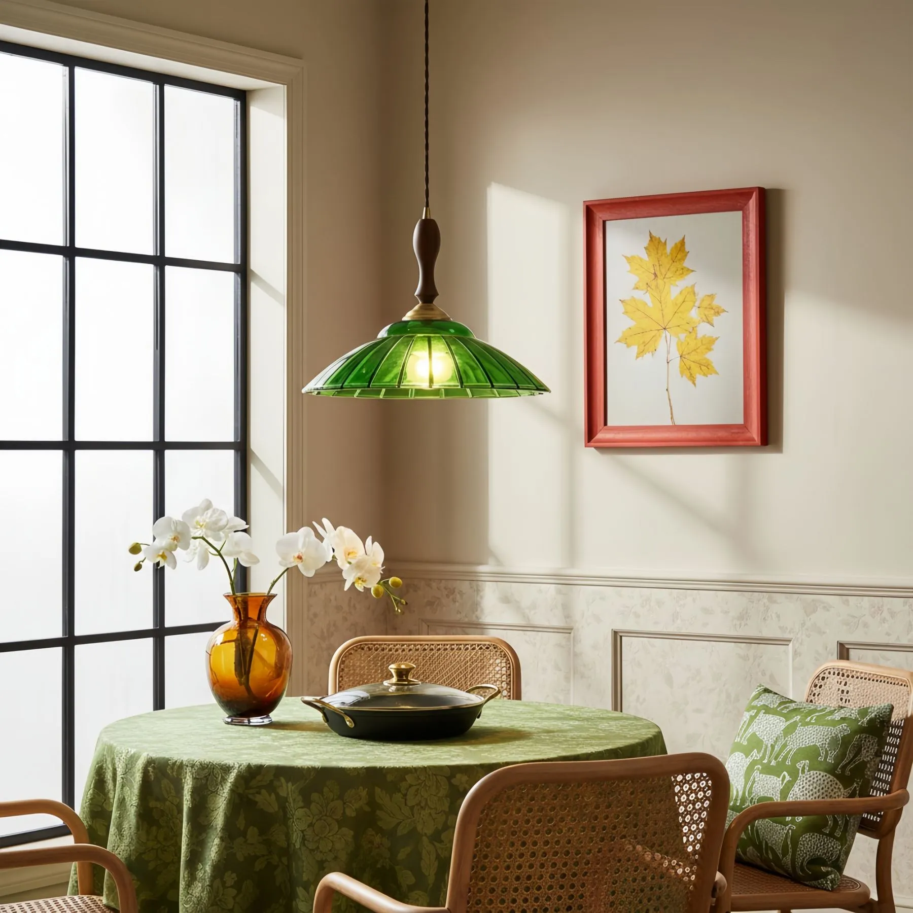Elunaris Vintage Trumpet Shape Pendant Light with Green Glass Shade for Dining Room T1114