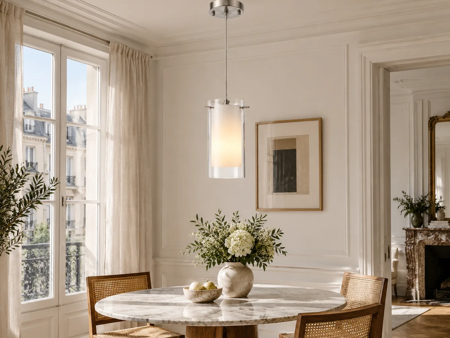 Modern Double Glass Pendant Light, Chrome Finish, Clear and White Shades - New2609-1024586 interior scene