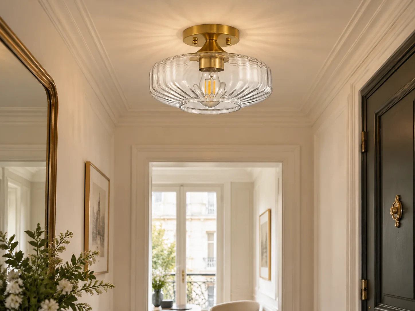 Elara Ribbed Glass Close-to-Ceiling Light in Brushed Brass - New2609-1024555 interior scene