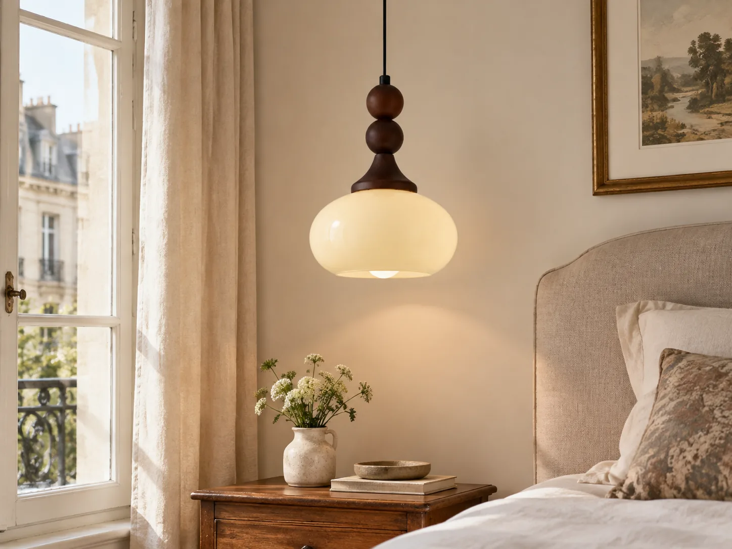 Shaped Glass Pendant with Turned Rubberwood Accents in Brown or Cream - New2609-1024582 interior scene