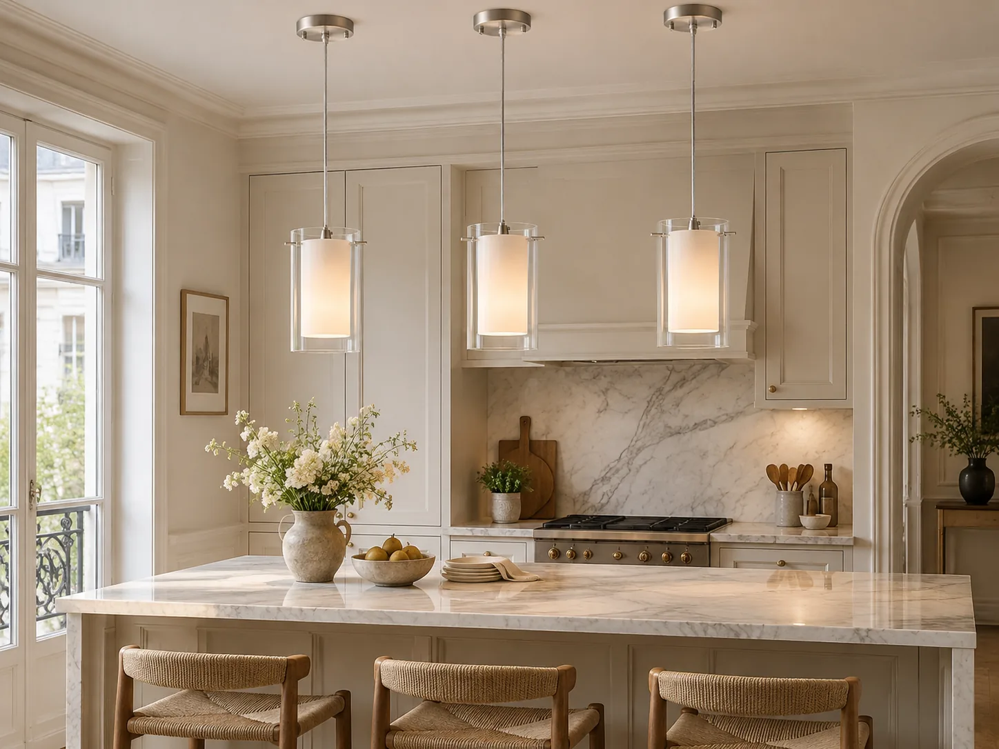 Modern Double Glass Pendant Light, Chrome Finish, Clear and White Shades - New2609-1024584 interior scene