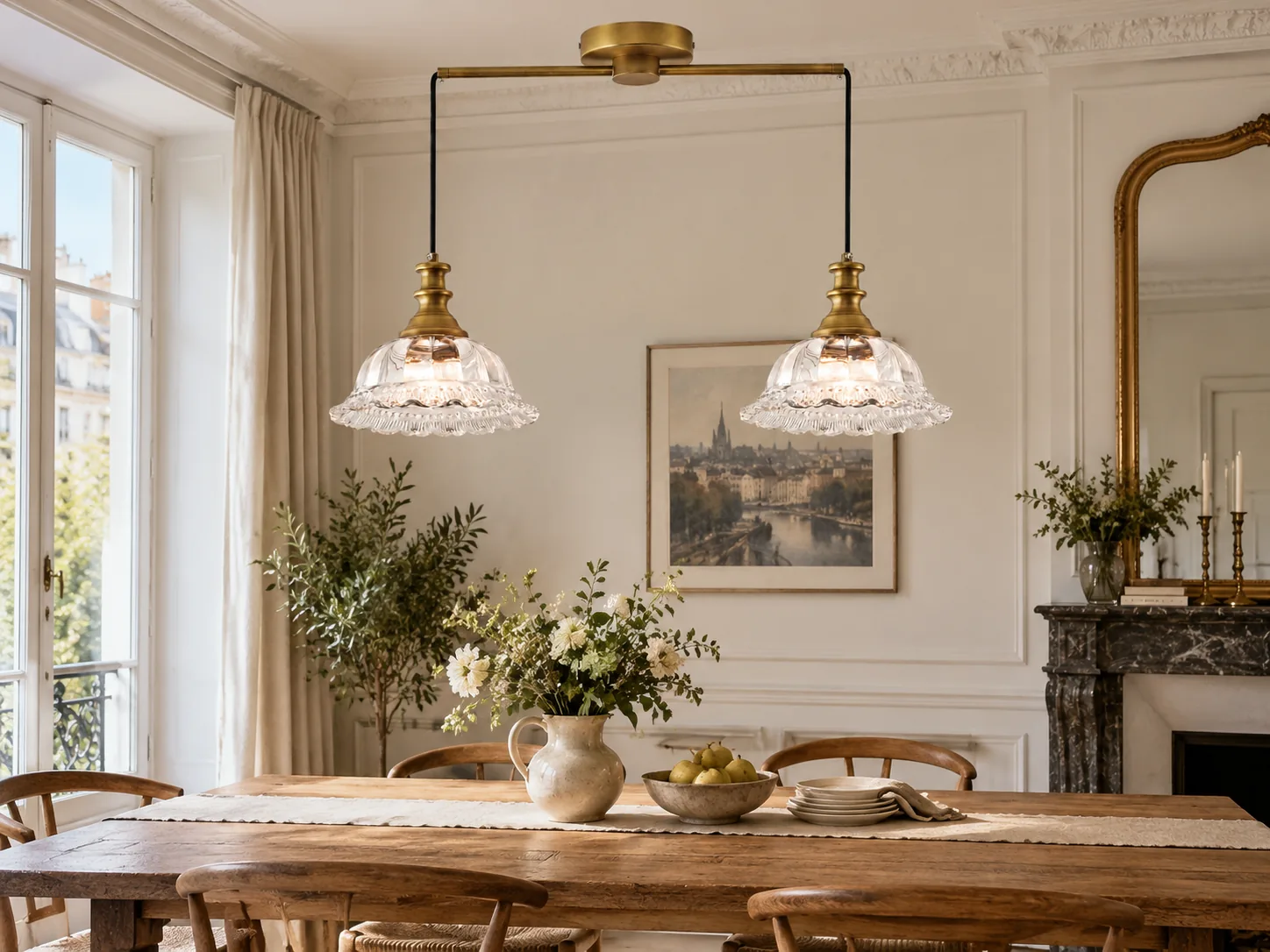 Vintage Fluted Glass Pendant Light with Scalloped Shade, Brass or Dark-Metal Options - New2609-1024437 interior scene