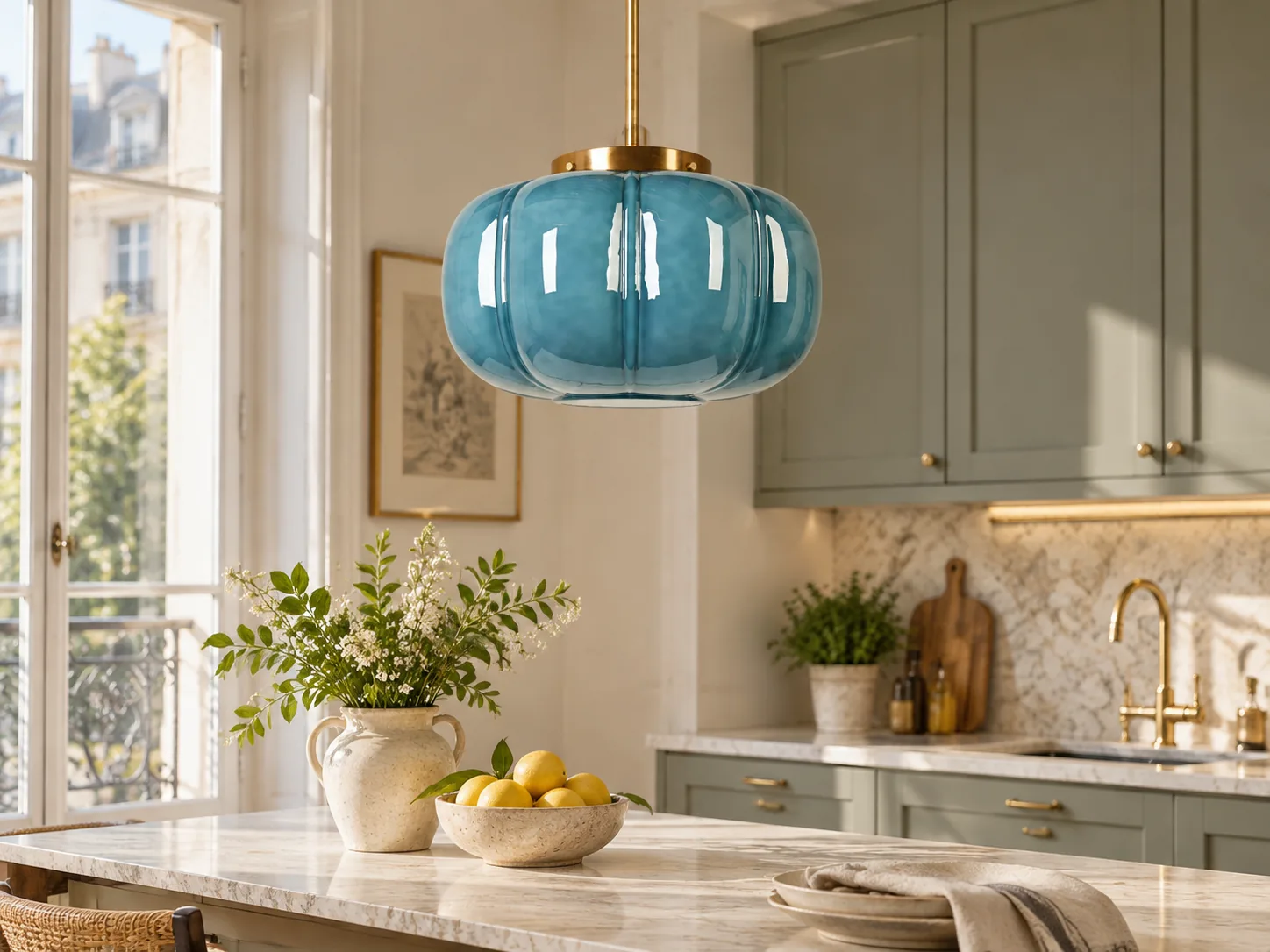 Ribbed Glass Single-Light Dome Pendant with Brass Finish - New2609-1024641 interior scene