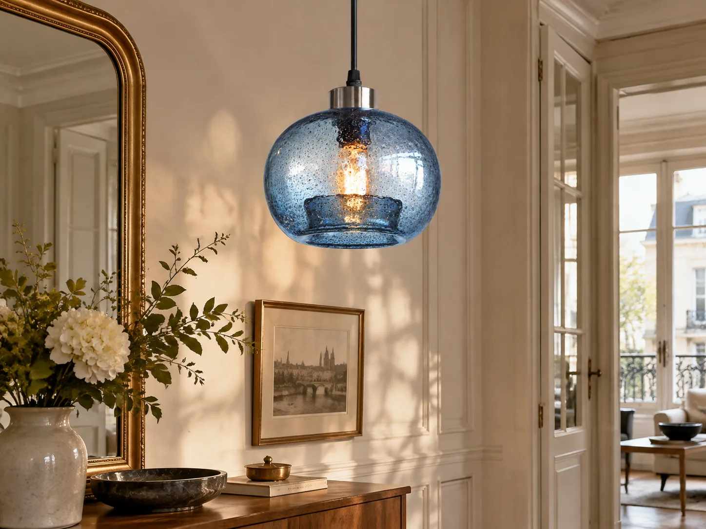 Textured Glass Globe Pendant Light with Open Bottom and Metal Finish Options - New2609-1024574 interior scene