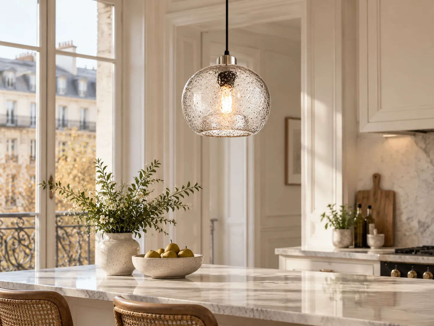 Textured Glass Globe Pendant Light with Open Bottom and Metal Finish Options - New2609-1024576 interior scene
