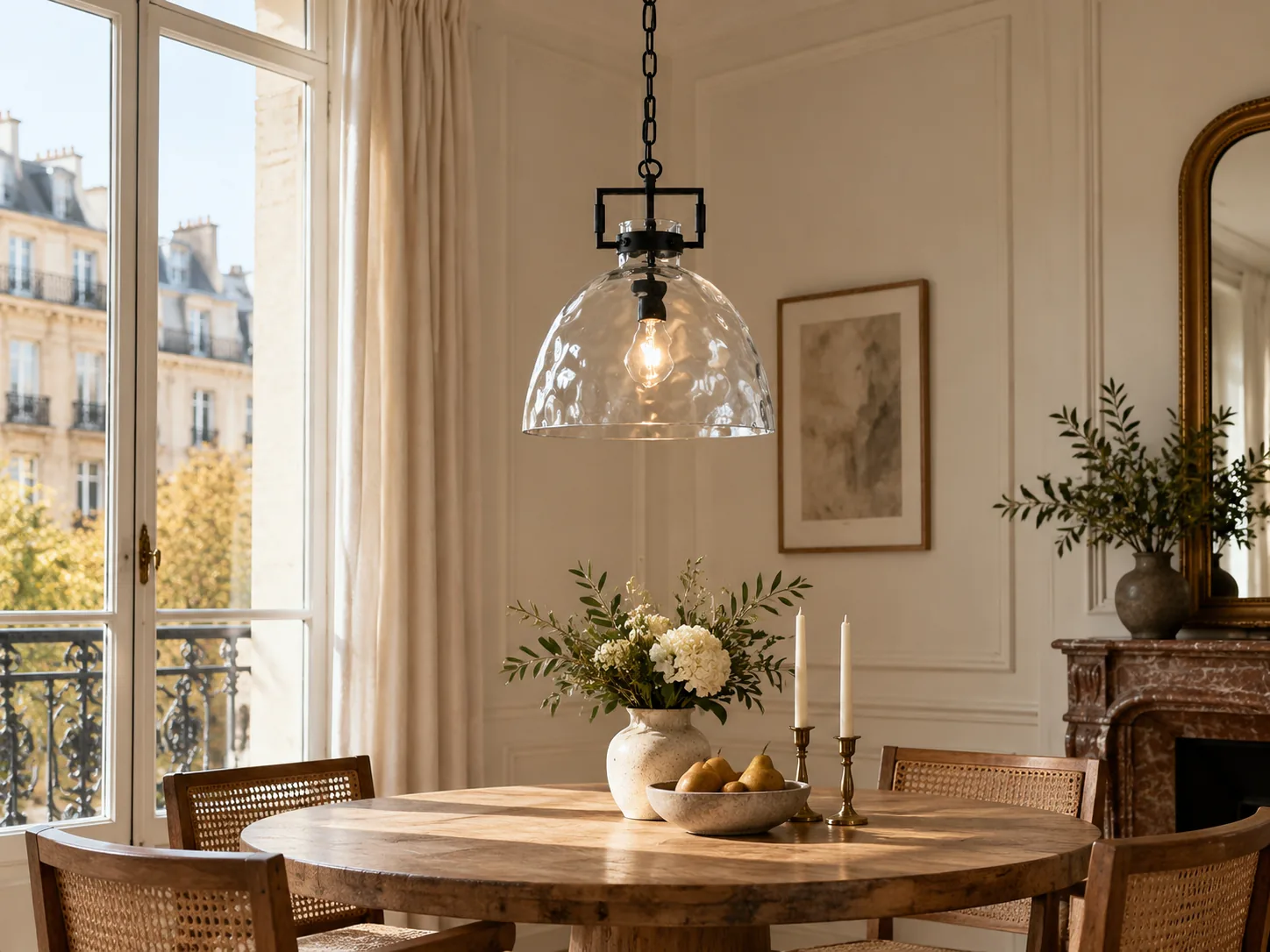 Clear Hammered Glass Pendant Light with Adjustable Chain — 13.8 inch / 35 cm, Gold, Chrome or Black Finish - New2609-1024495 interior scene