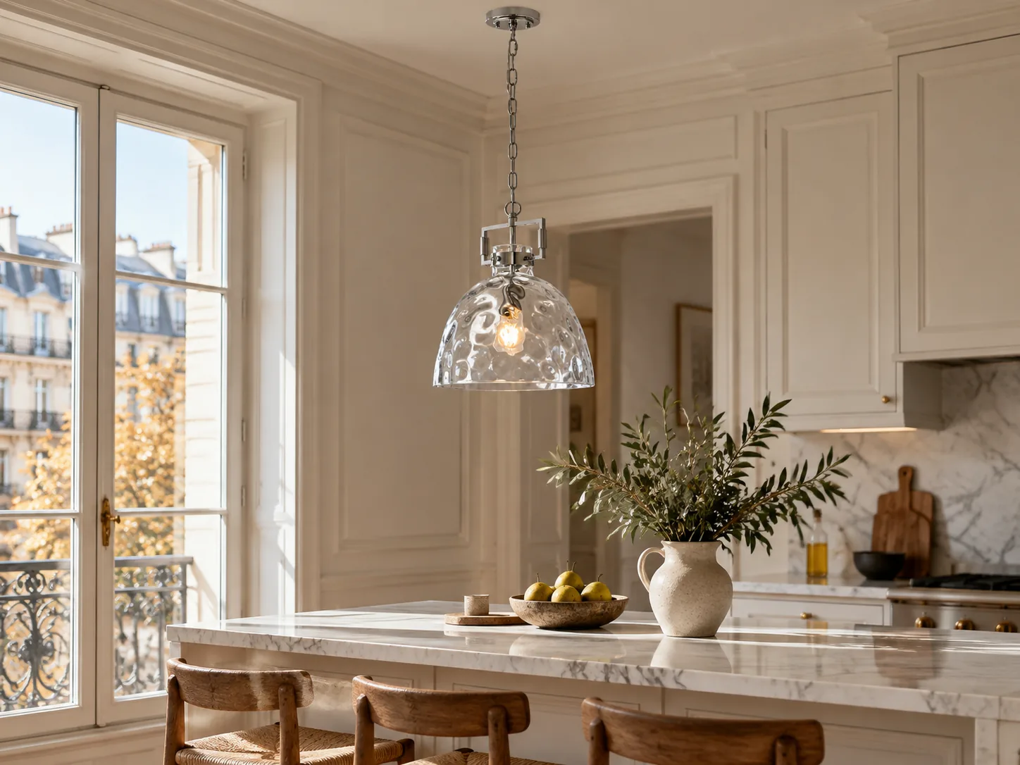 Clear Hammered Glass Pendant Light with Adjustable Chain — 13.8 inch / 35 cm, Gold, Chrome or Black Finish - New2609-1024496 interior scene
