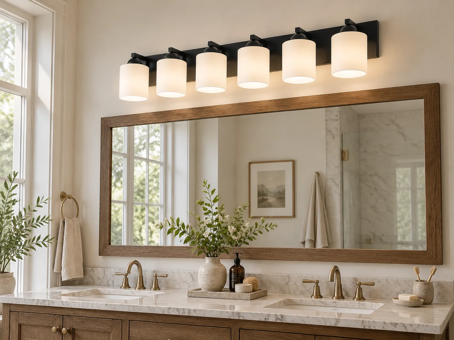 Modern Metal Bathroom Vanity Light with Cylindrical Glass Shades - New2609-1024418 interior scene