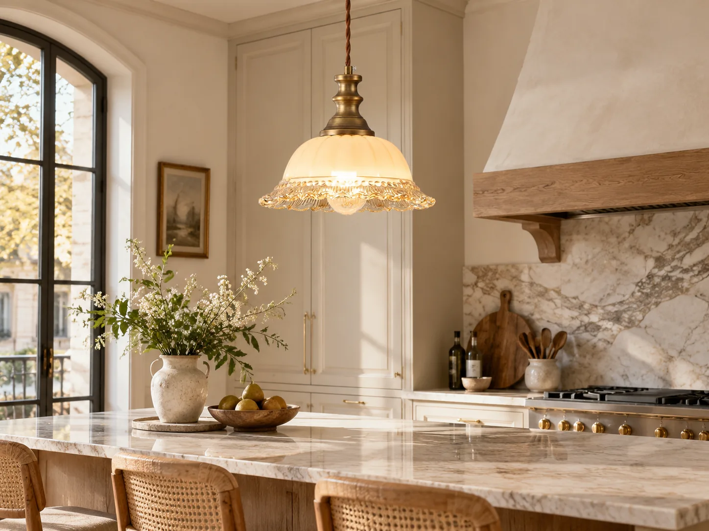 Vintage Fluted Glass Pendant Light with Scalloped Shade, Brass or Dark-Metal Options - New2609-1024448 interior scene
