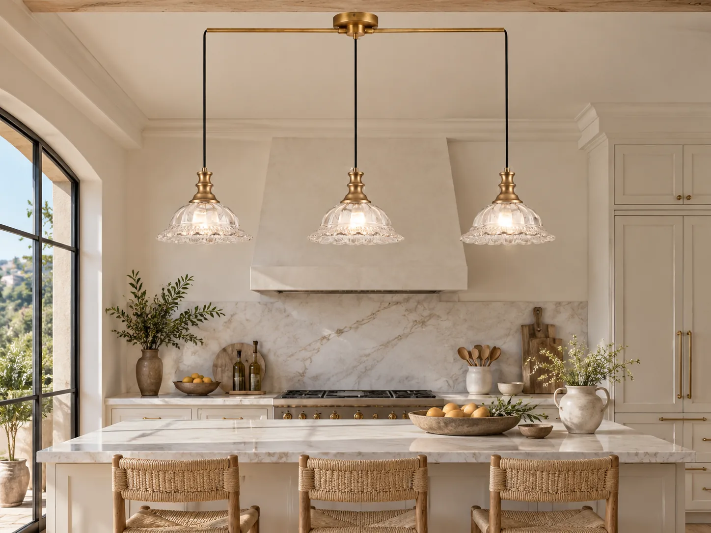 Vintage Fluted Glass Pendant Light with Scalloped Shade, Brass or Dark-Metal Options - New2609-1024432 interior scene