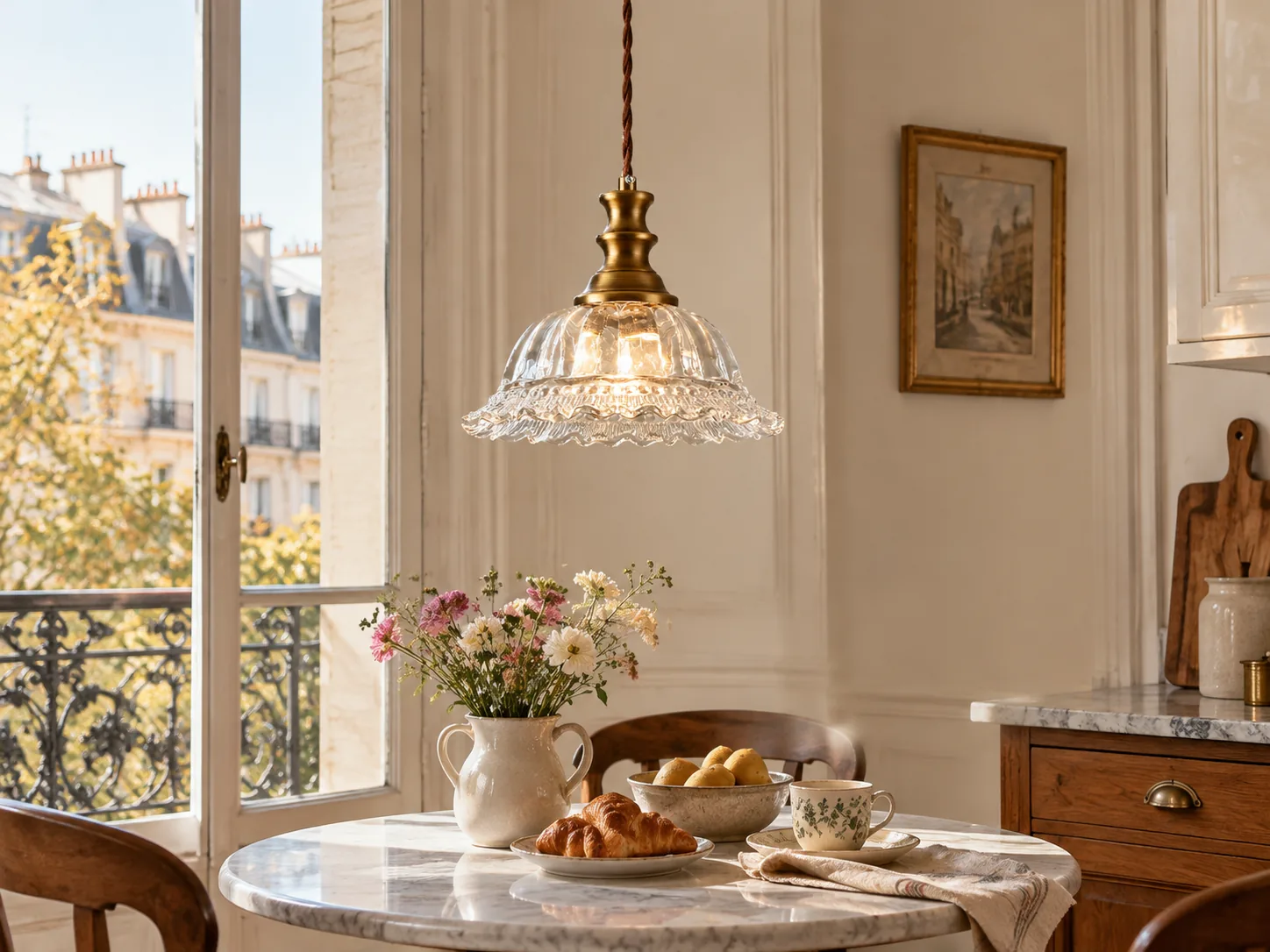 Vintage Fluted Glass Pendant Light with Scalloped Shade, Brass or Dark-Metal Options - New2609-1024449 interior scene