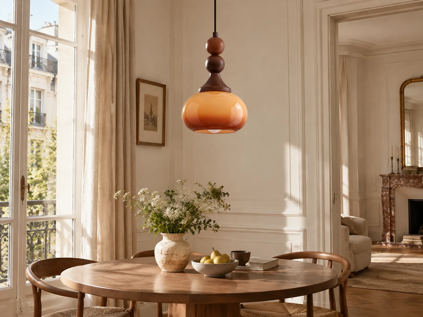 Shaped Glass Pendant with Turned Rubberwood Accents in Brown or Cream - New2609-1024583 interior scene