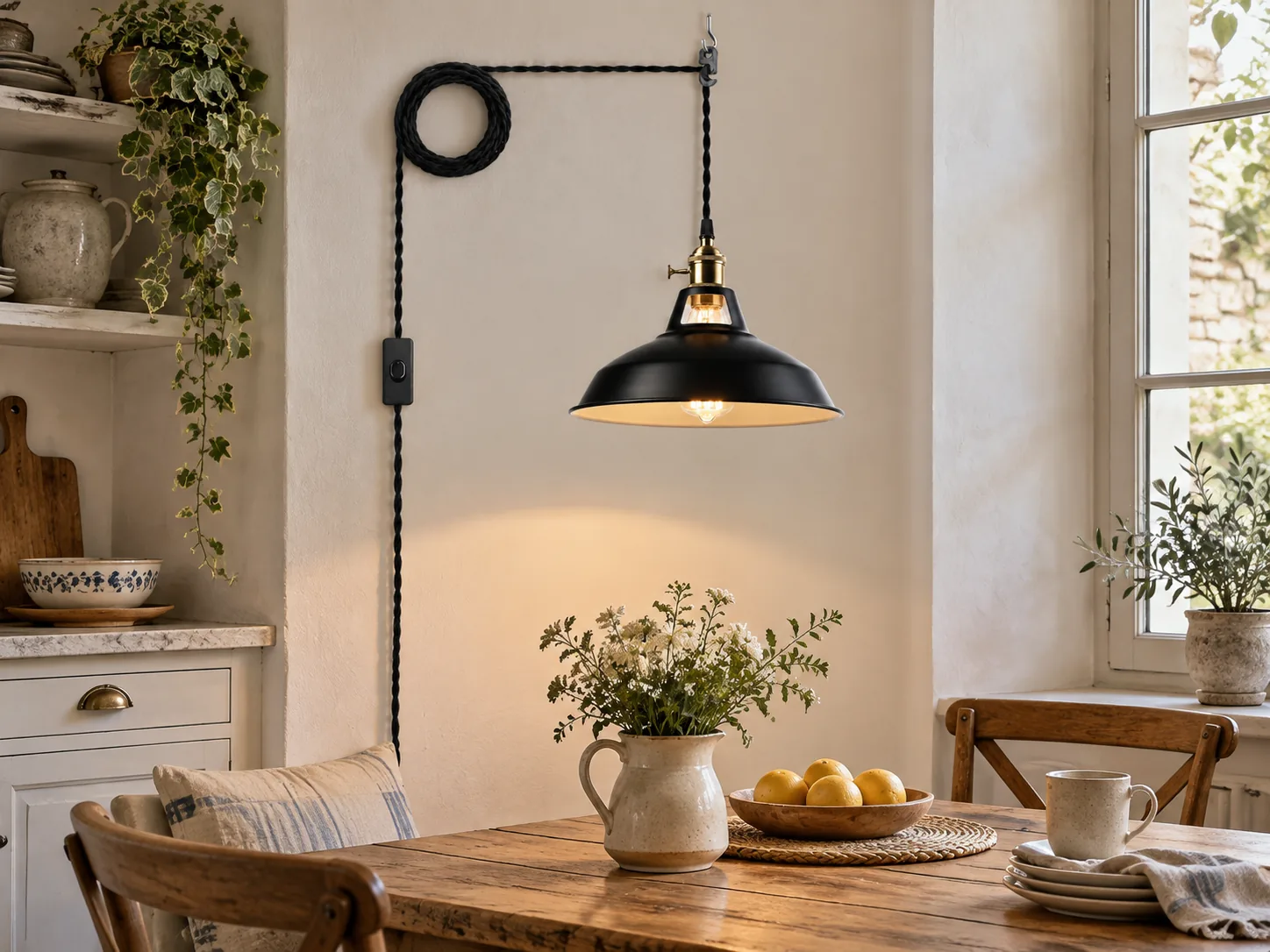 Adjustable Farmhouse Plug-In Pendant Light with Painted Metal Barn Shade and Braided Cord - New2609-1024609 interior scene