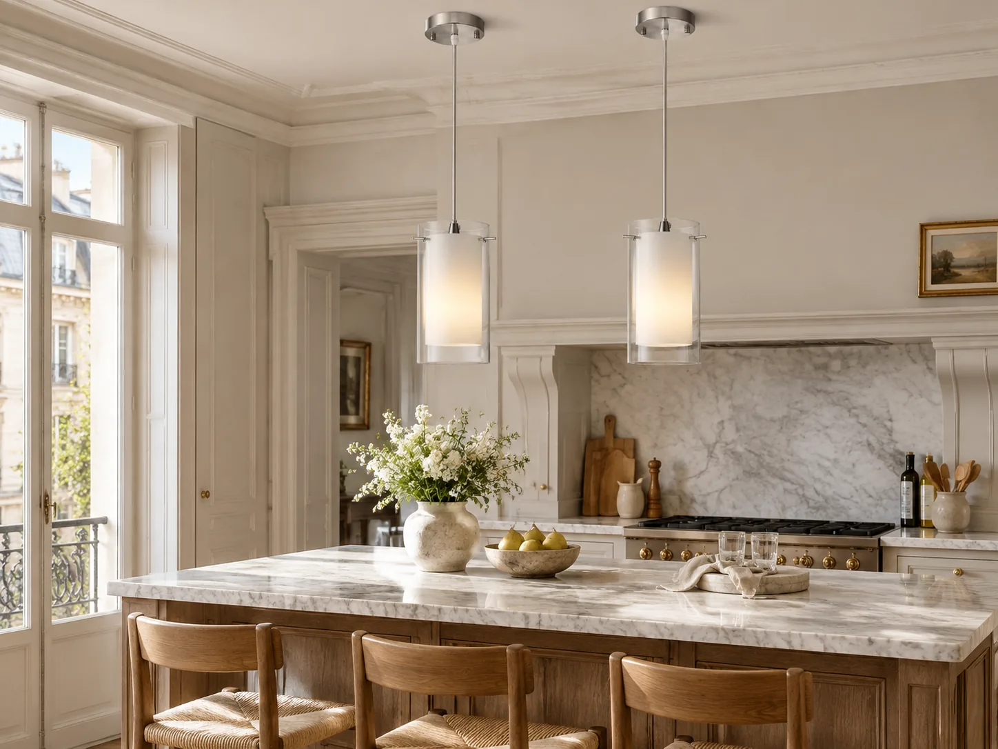 Modern Double Glass Pendant Light, Chrome Finish, Clear and White Shades - New2609-1024585 interior scene