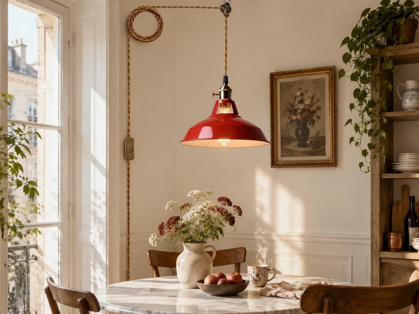 Adjustable Farmhouse Plug-In Pendant Light with Painted Metal Barn Shade and Braided Cord - New2609-1024600 interior scene