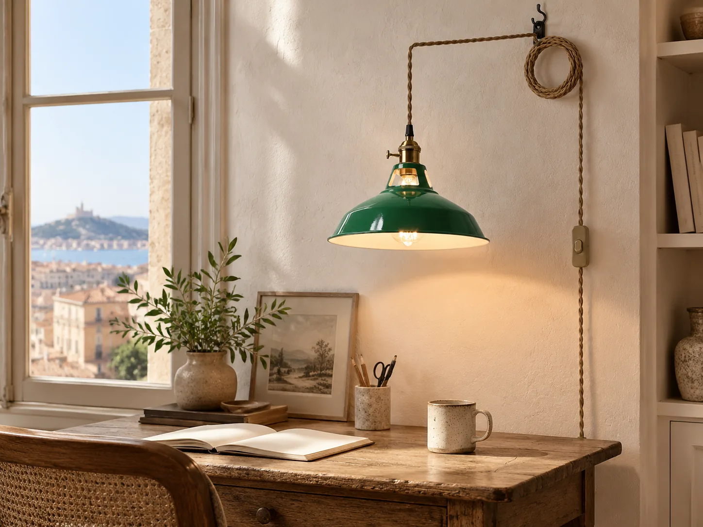 Adjustable Farmhouse Plug-In Pendant Light with Painted Metal Barn Shade and Braided Cord - New2609-1024603 interior scene
