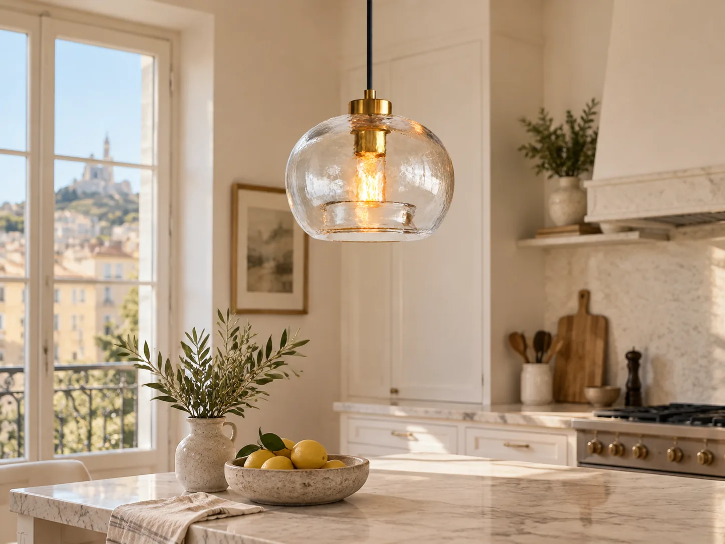 Textured Glass Globe Pendant Light with Open Bottom and Metal Finish Options - New2609-1024572 interior scene