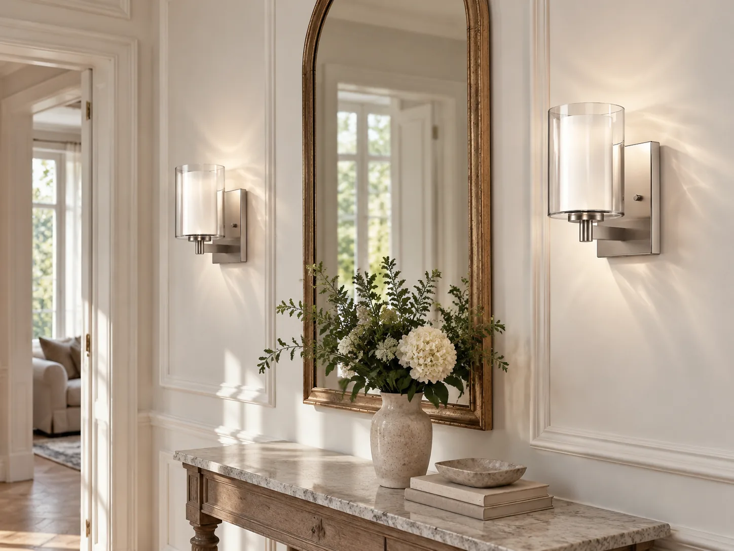 Set of 2 Double-Glass Wall Sconces with Reversible Mounting - New2609-1024568 interior scene