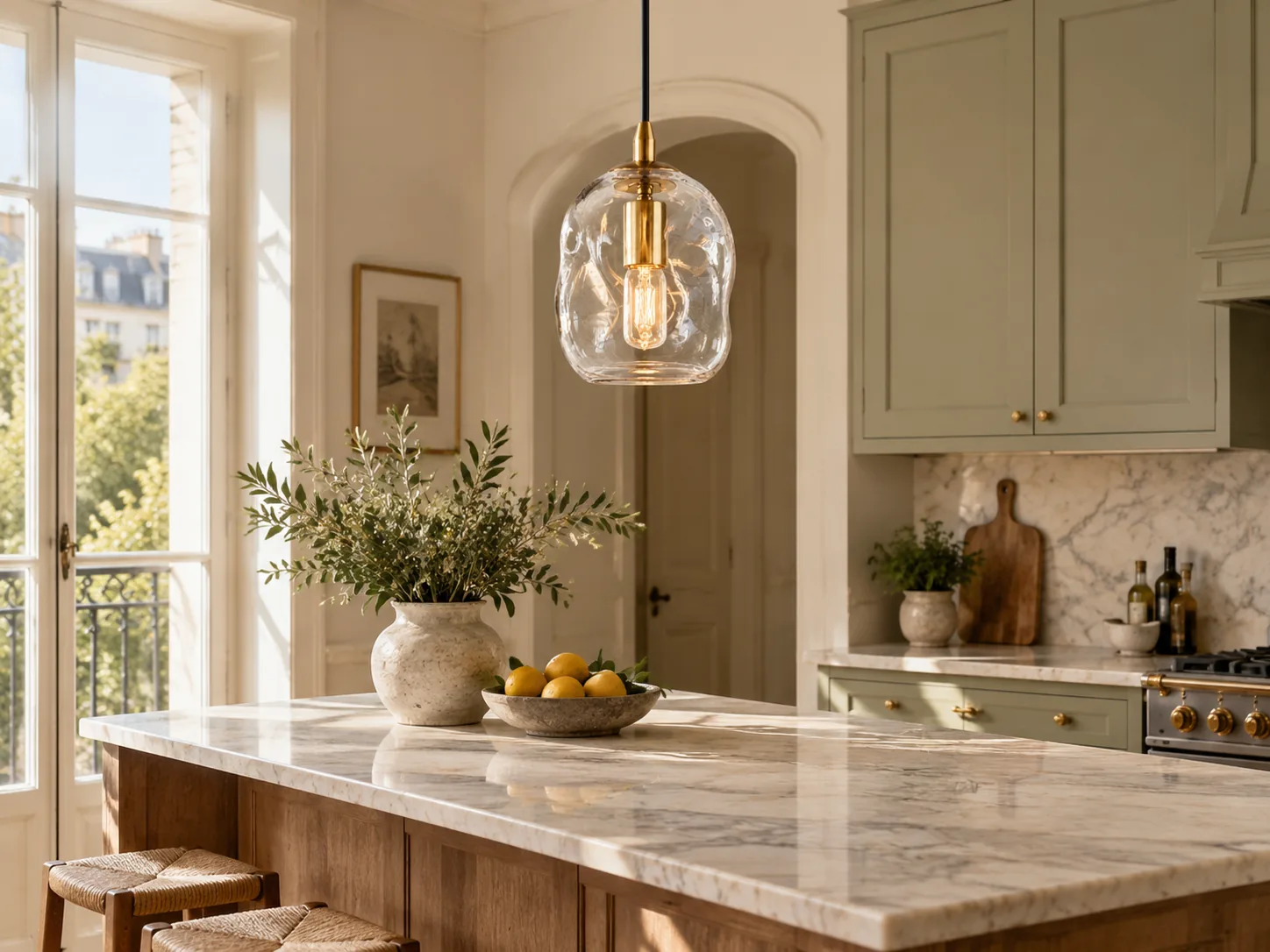 Hand-Blown Glass Globe Pendant with Brass-Finish Canopy - New2609-1024549 interior scene