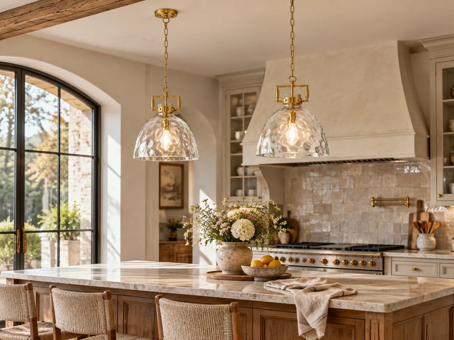 Clear Hammered Glass Pendant Light with Adjustable Chain — 13.8 inch / 35 cm, Gold, Chrome or Black Finish - New2609-1024497 interior scene