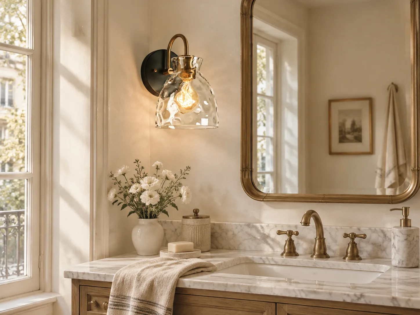 Brass Textured Clear Glass Armed Wall Sconce - New2609-1024567 interior scene