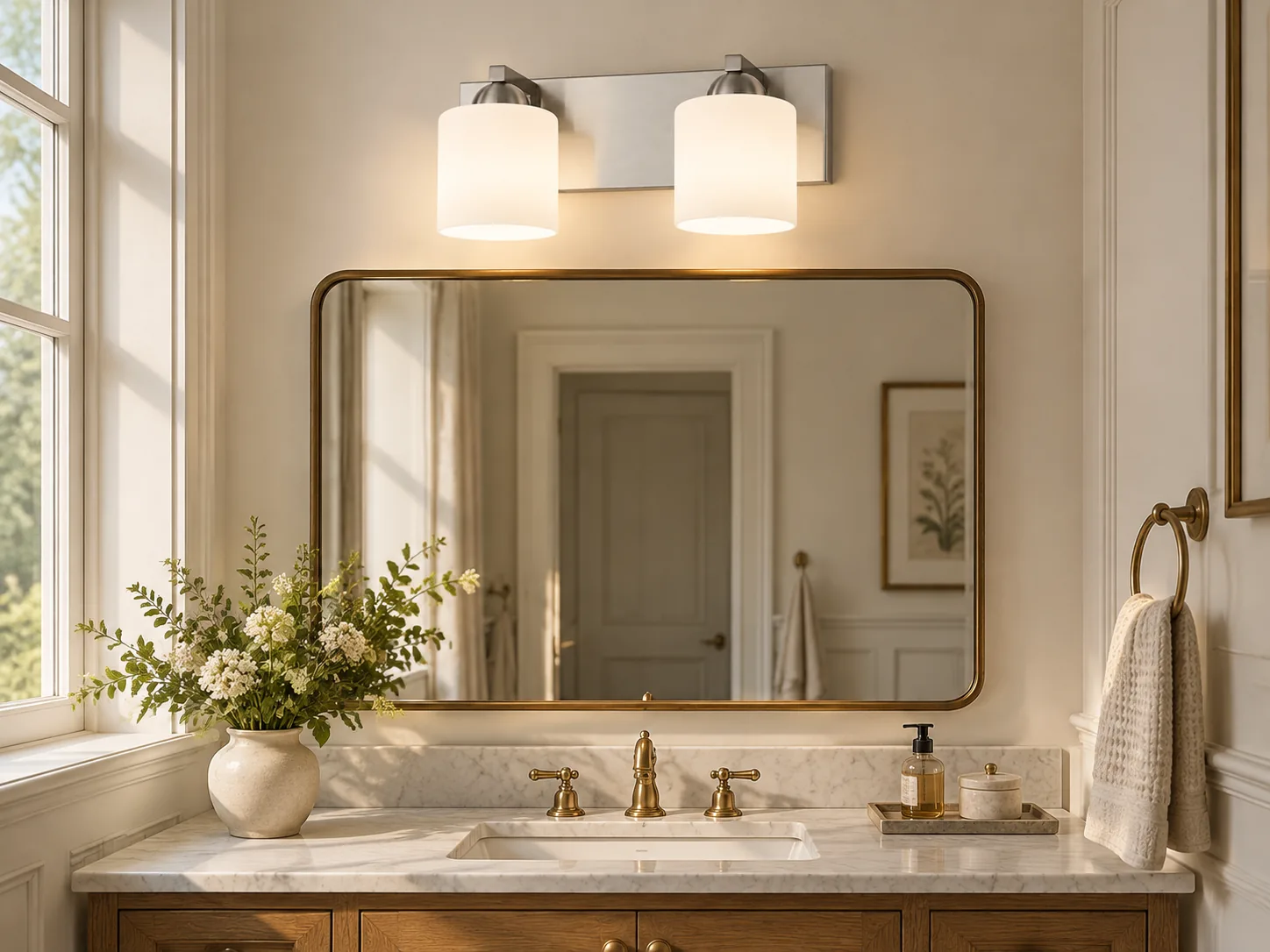 Modern Metal Bathroom Vanity Light with Cylindrical Glass Shades - New2609-1024429 interior scene