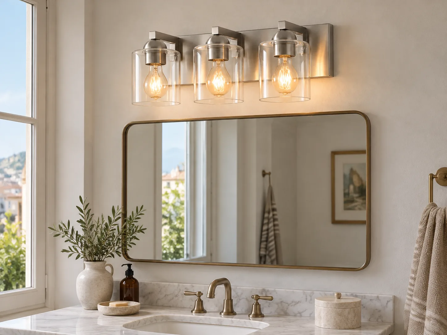 Modern Metal Bathroom Vanity Light with Cylindrical Glass Shades - New2609-1024428 interior scene